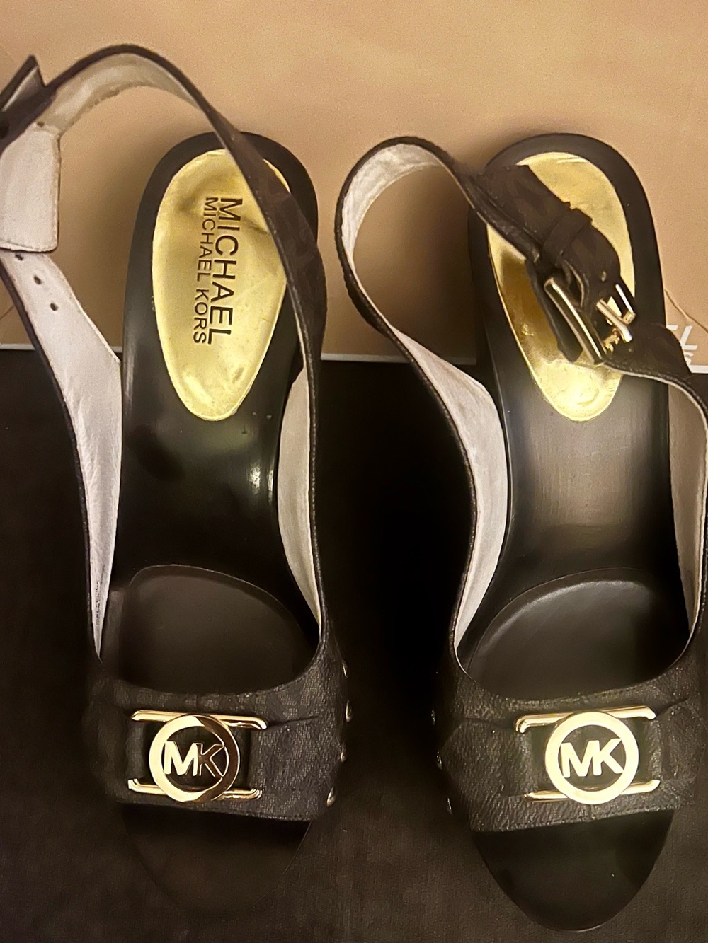 MICHAEL Michael Kors Black Leather Open-Toe Slingback Heels with Gold MK Emblem